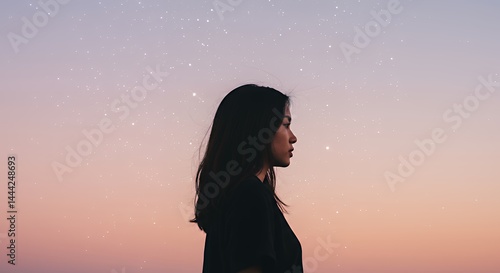 Obraz na płótnie Woman Gazing at Starry Sky During Twilight Hour in Nature w salonie