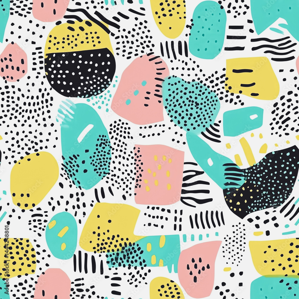 Abstract white background with colorful Memphis style seamless pattern. Creative minimalist style art background for children or trendy design with basic shapes. Simple childish scribble backdrop