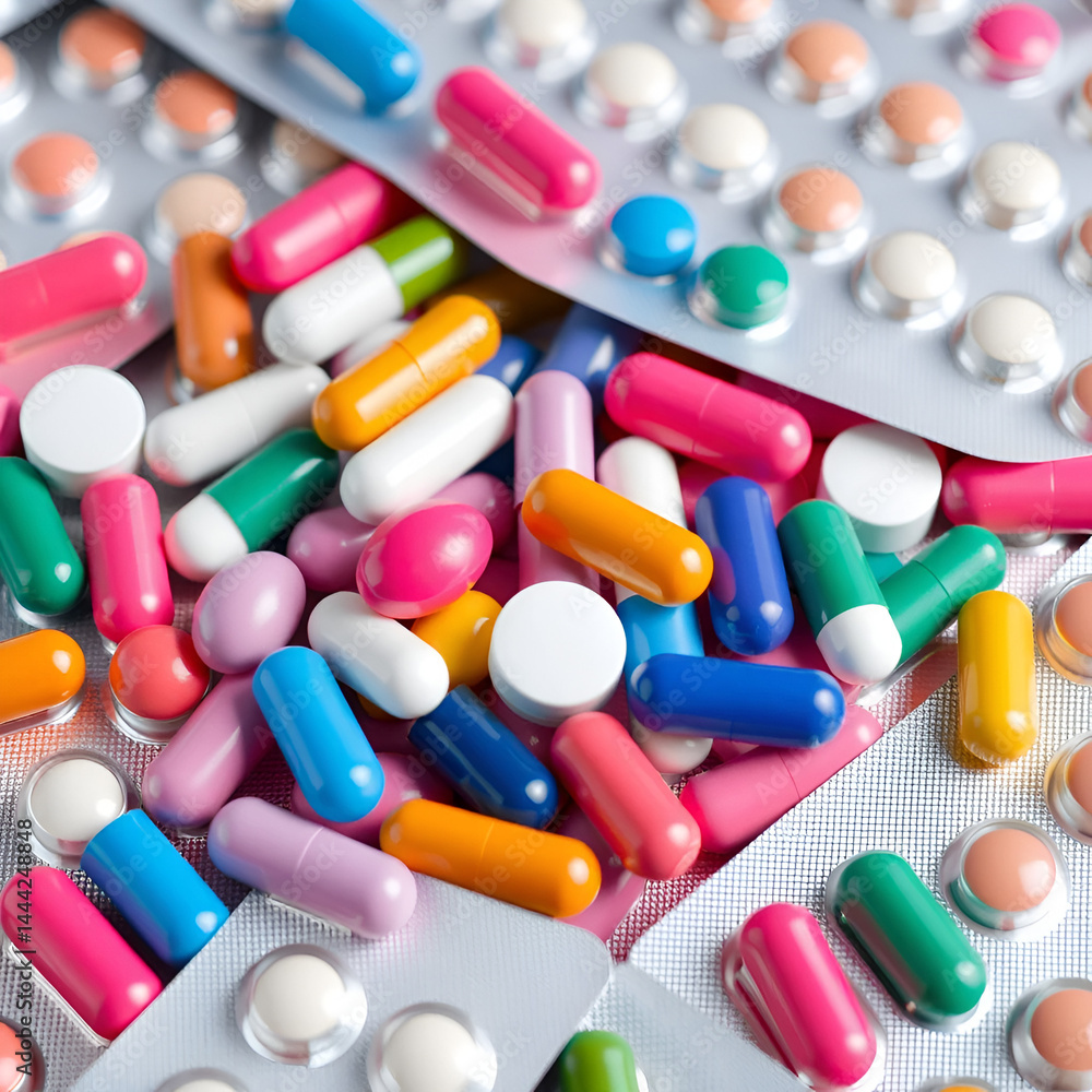 Pile of colorful medicine pills and capsules in blister packs Pile of colorful medicine pills and capsules in blister packs