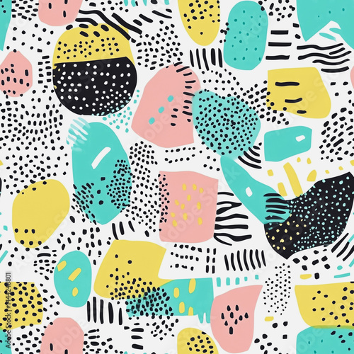 Abstract white background with colorful Memphis style seamless pattern. Creative minimalist style art background for children or trendy design with basic shapes. Simple childish scribble backdrop


