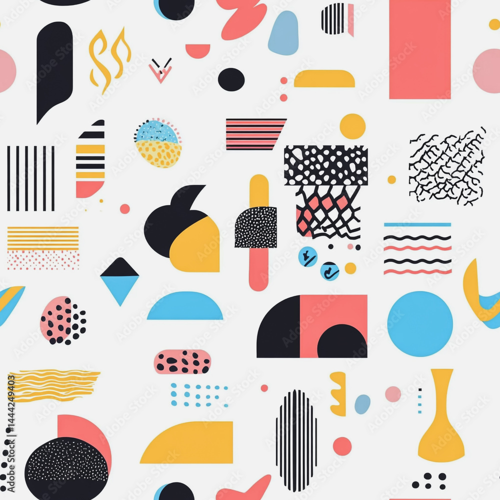 Abstract white background with colorful Memphis style seamless pattern. Creative minimalist style art background for children or trendy design with basic shapes. Simple childish scribble backdrop