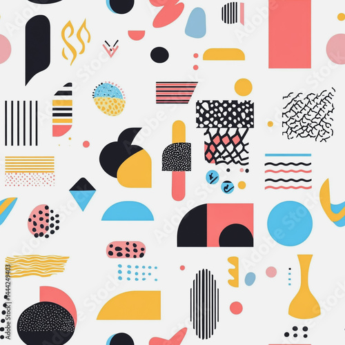 Obraz na płótnie Abstract white background with colorful Memphis style seamless pattern. Creative minimalist style art background for children or trendy design with basic shapes. Simple childish scribble backdrop
w salonie