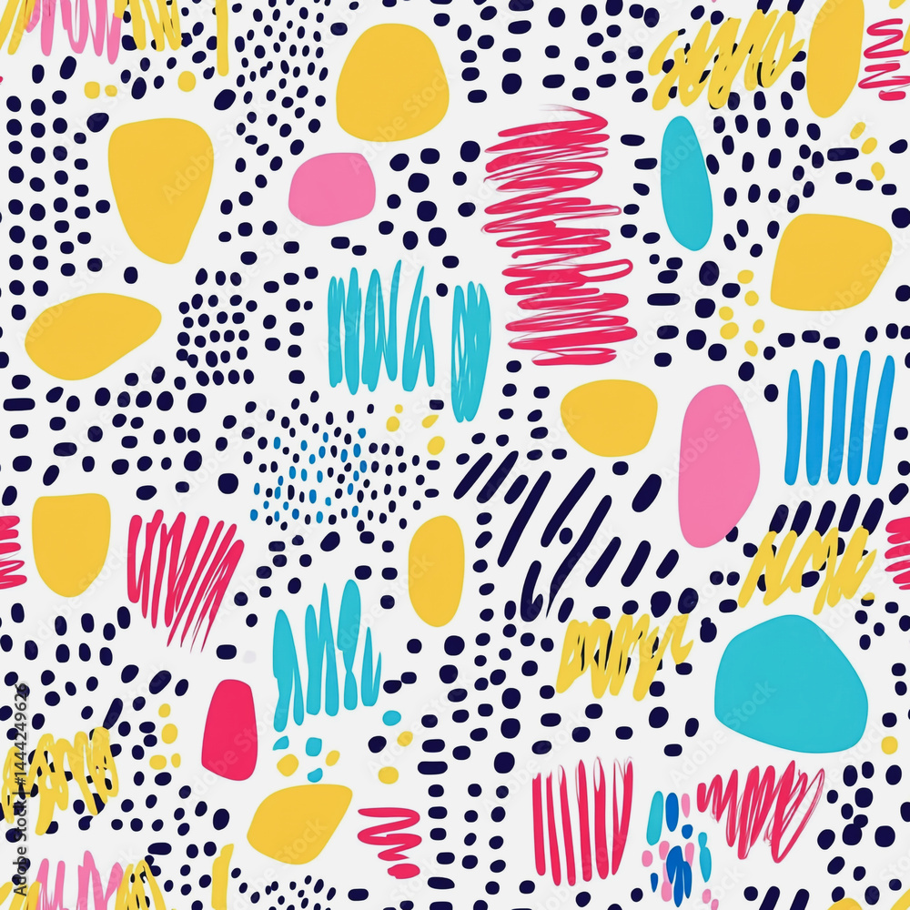 Abstract white background with colorful Memphis style seamless pattern. Creative minimalist style art background for children or trendy design with basic shapes. Simple childish scribble backdrop
