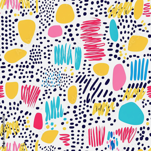 Obraz na płótnie Abstract white background with colorful Memphis style seamless pattern. Creative minimalist style art background for children or trendy design with basic shapes. Simple childish scribble backdrop
w salonie