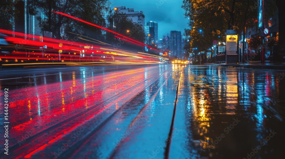 Obraz premium City Night Lights Rain Reflections