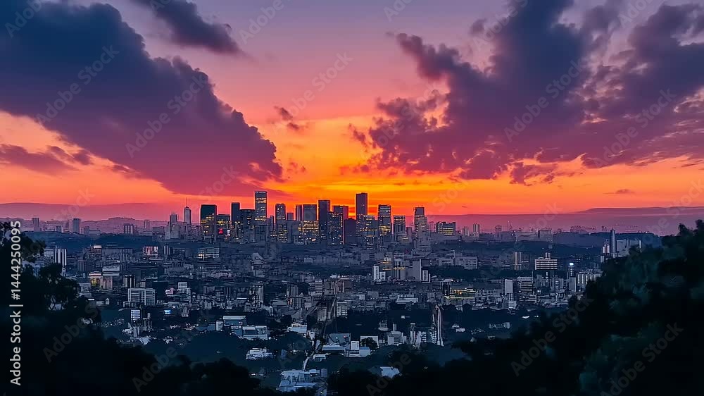 Sunset over a bustling city skyline, showcasing vibrant colors and cloud formations, with hills Sunset over a bustling city skyline, showcasing vibrant colors and cloud formations, with hills