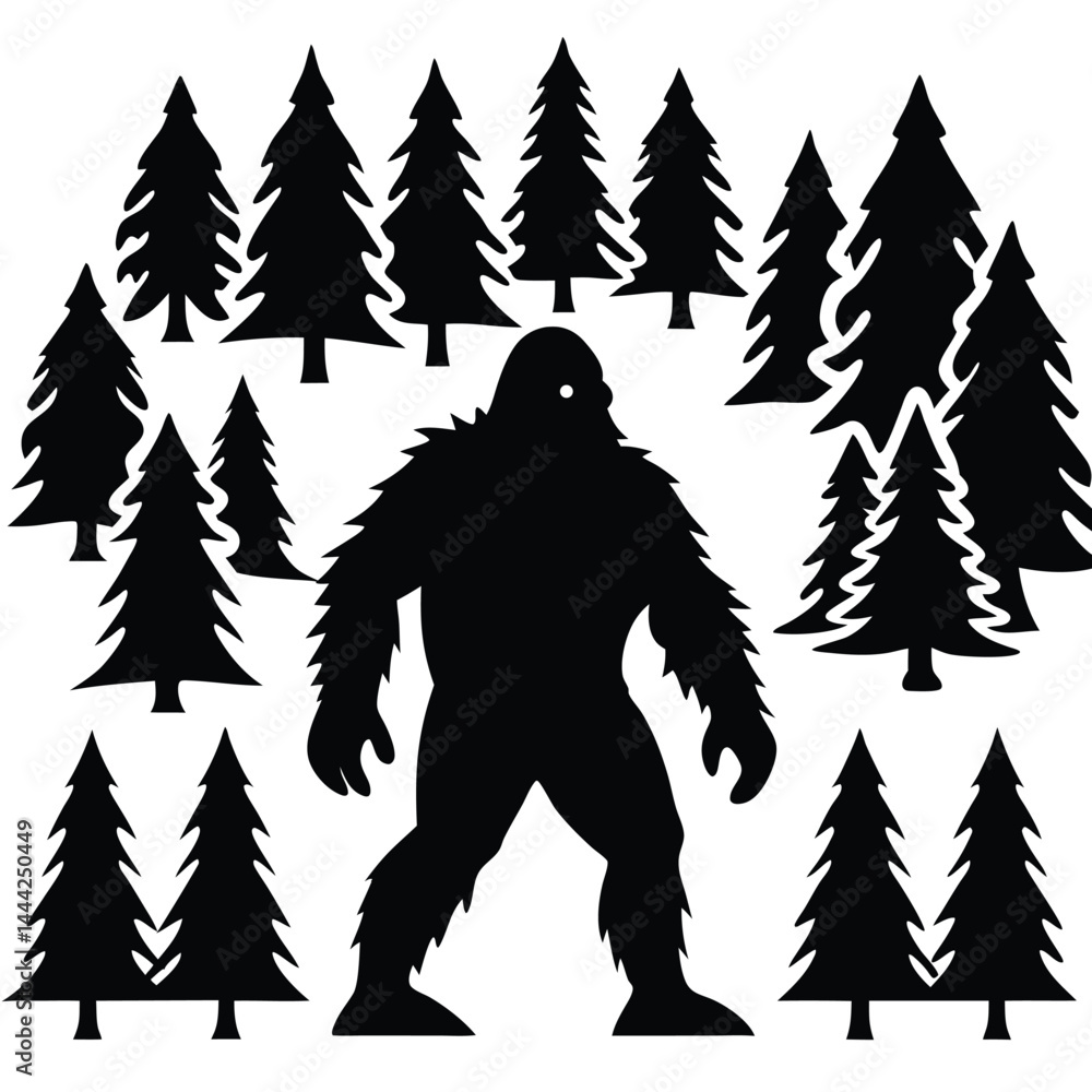 Fototapeta premium Epic Bigfoot Silhouette Vector Collection Featuring Forest, Mountain, and Mythical Cryptid Scenes in Minimalist Black Style