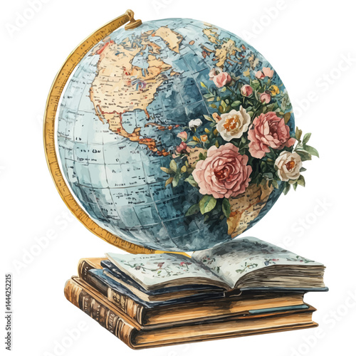 illustration of Globe With Books Stacked Beside, watercolor vector, isolated on a white background.