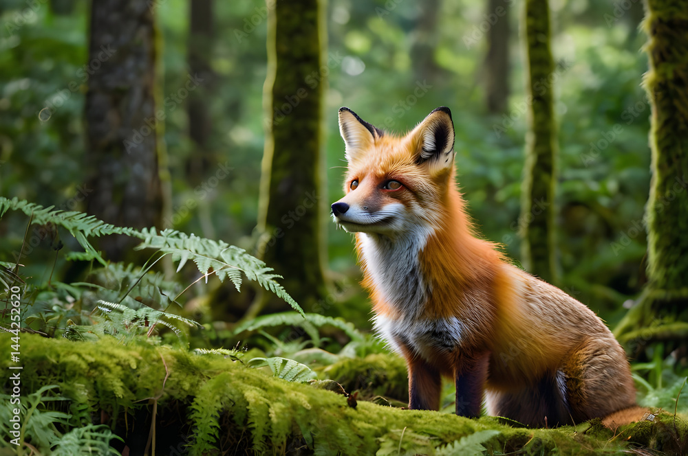 Enchanting Red Fox Portrait Amidst Verdant Forest A Captivating Glimpse into Wildlife Serenity in a Lush Woodland Setting with Mossy Trees and Ferns Enchanting Red Fox Portrait Amidst Verdant Forest A Captivating Glimpse into Wildlife Serenity in a Lush Woodland Setting with Mossy Trees and Ferns