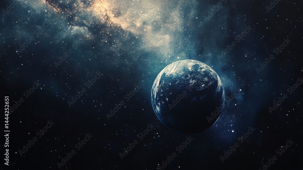 Naklejka premium Stunning blue planet in deep space nebula cosmic background stars sky art dark night photo image