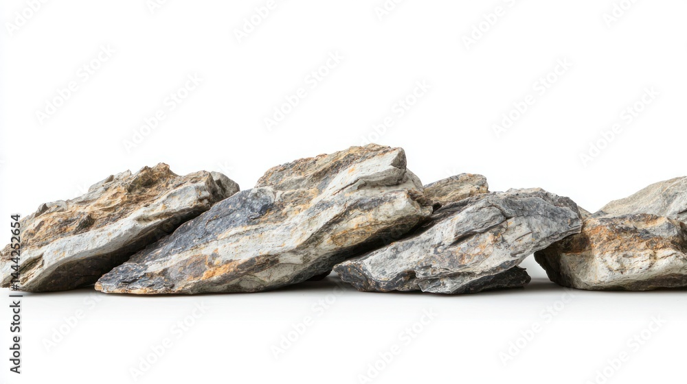 Group of weathered beach rocks with natural cracks on white background.