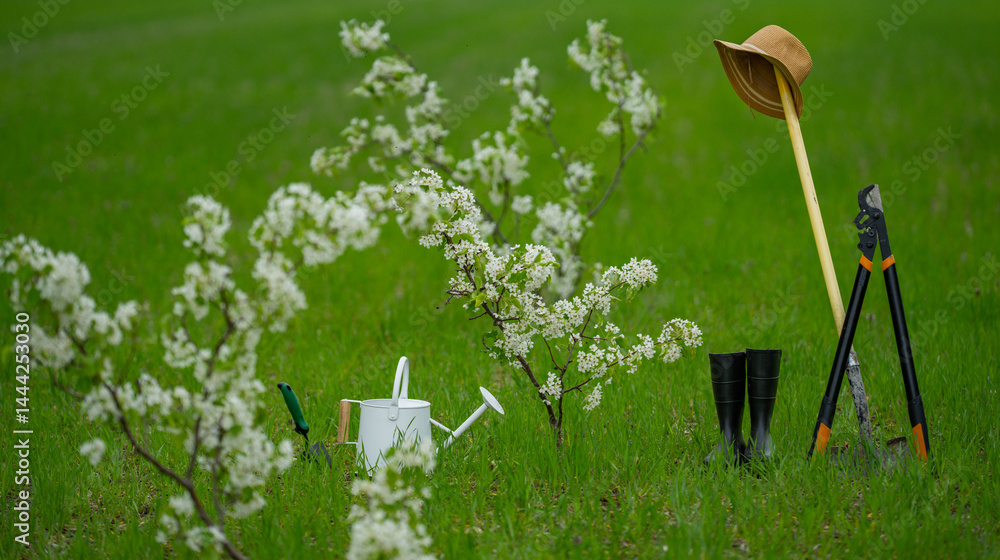 Gardening in spring background. Plan tree in spring field. Cultivate orchard. Farm on field. Plant tree in garden yard. Tree planting in spring concept. Blooming orchard in spring.