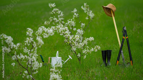 Obraz na płótnie Gardening in spring background. Plan tree in spring field. Cultivate orchard. Farm on field. Plant tree in garden yard. Tree planting in spring concept. Blooming orchard in spring. w salonie