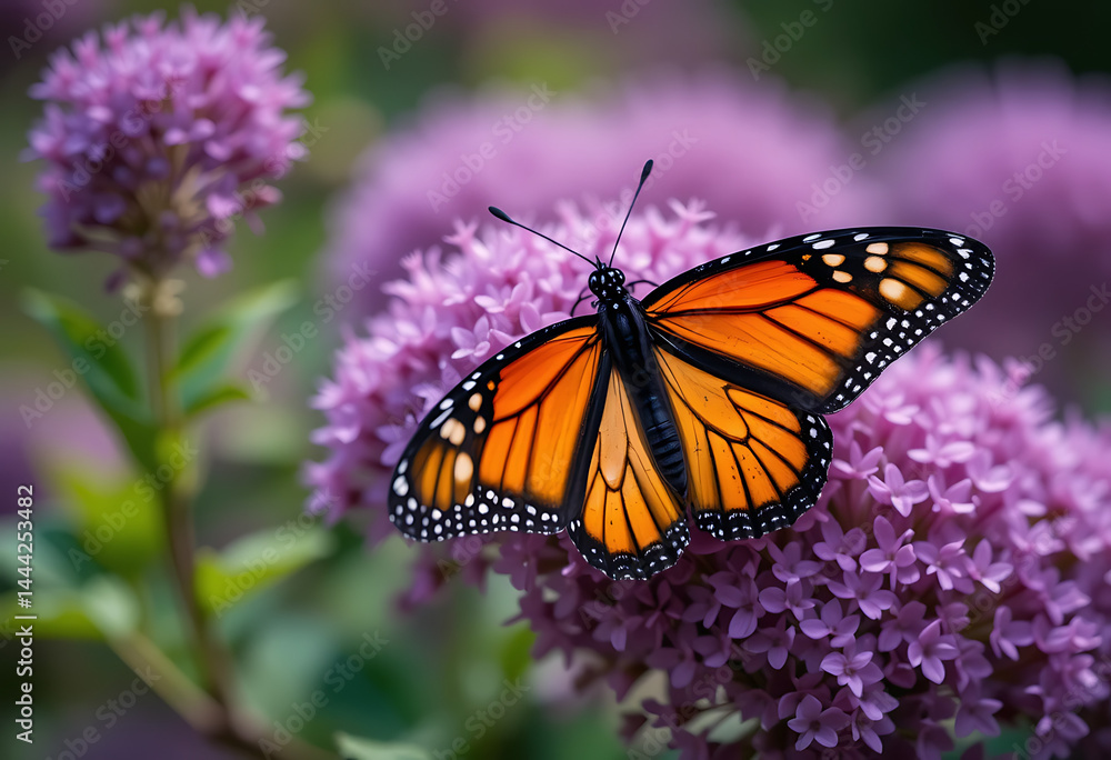 A Monarch Butterfly With Orange And Black Wings Is Perched On A Cluster Of Purple Flowers, insect pollination, wildlife photography A Monarch Butterfly With Orange And Black Wings Is Perched On A Cluster Of Purple Flowers, insect pollination, wildlife photography