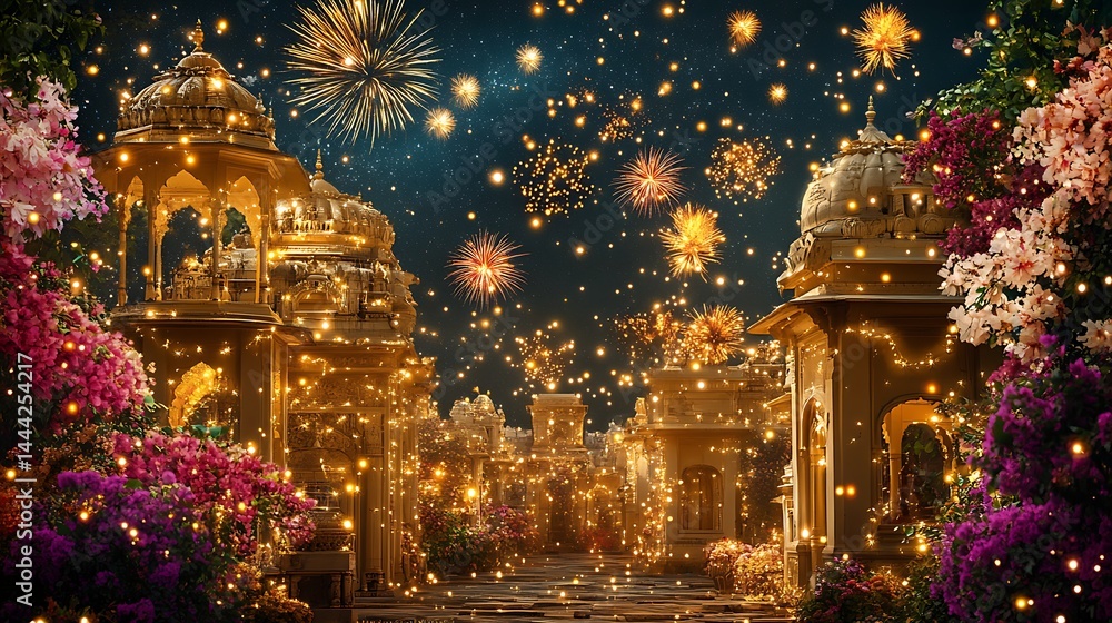 Fototapeta premium Golden pathway at night with fireworks and flowers