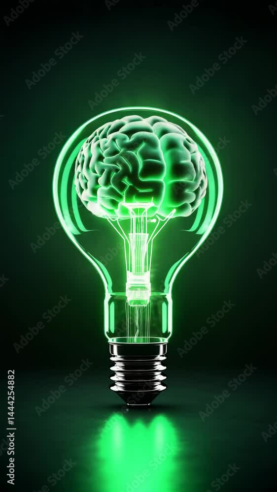 An innovative light bulb design featuring a glowing green brain concept. An innovative light bulb design featuring a glowing green brain concept.