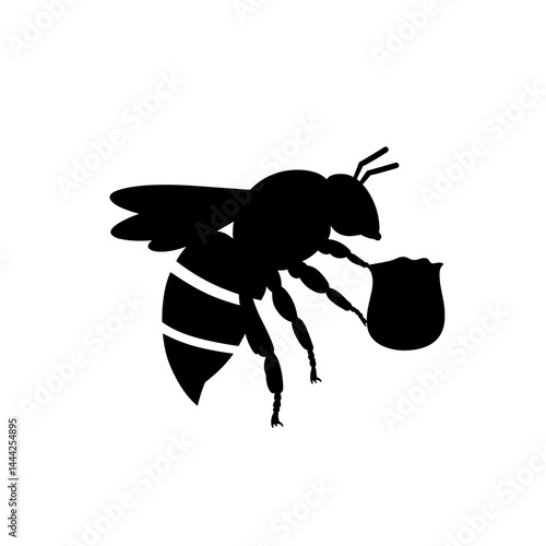 Bee icon silhouette with honey pot in black