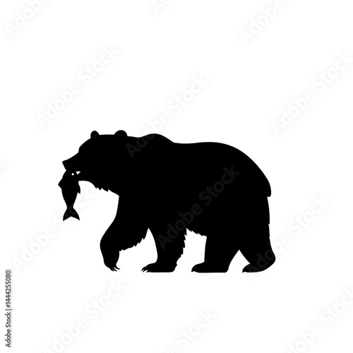 Bear with fish icon silhouette in black