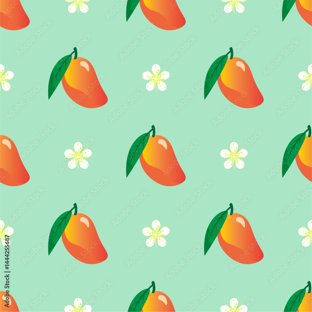 Vector seamless pattern with mango fruits. Summer tropical fruits on a white background. Vector seamless pattern with mango fruits. Summer tropical fruits on a white background.