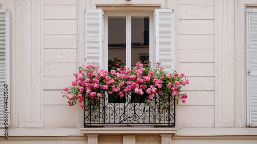 balcony gardens Floral balcony with pink flowers and shutters on a light-colored wall.