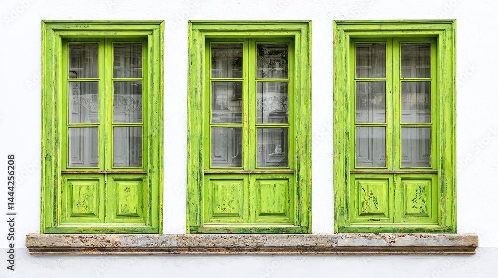 Group of wooden windows with bright green paint and decorative woodwork on white background. Group of wooden windows with bright green paint and decorative woodwork on white background.
