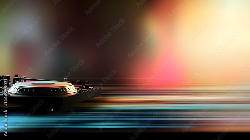 Naklejka premium Turntable on Colorful Abstract Background with Blurred Stripes and Light Effects