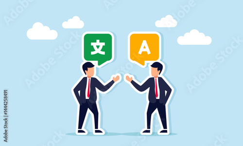 Businessman talking to another businessman, showing chat dialog with alphabet and Mandarin symbols, illustration of cultural acculturation or globalization in language