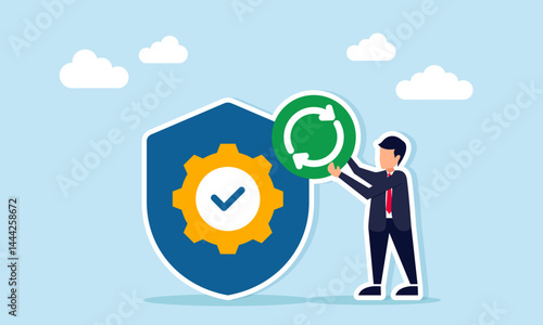 Businessman holding a continuous symbol beside a shield marked with a gear and check mark, illustration of ongoing work protection and insurance