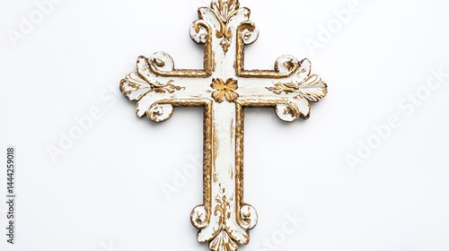 Wallpaper Mural Hand-painted wooden cross with white and gold accents on white background. Torontodigital.ca