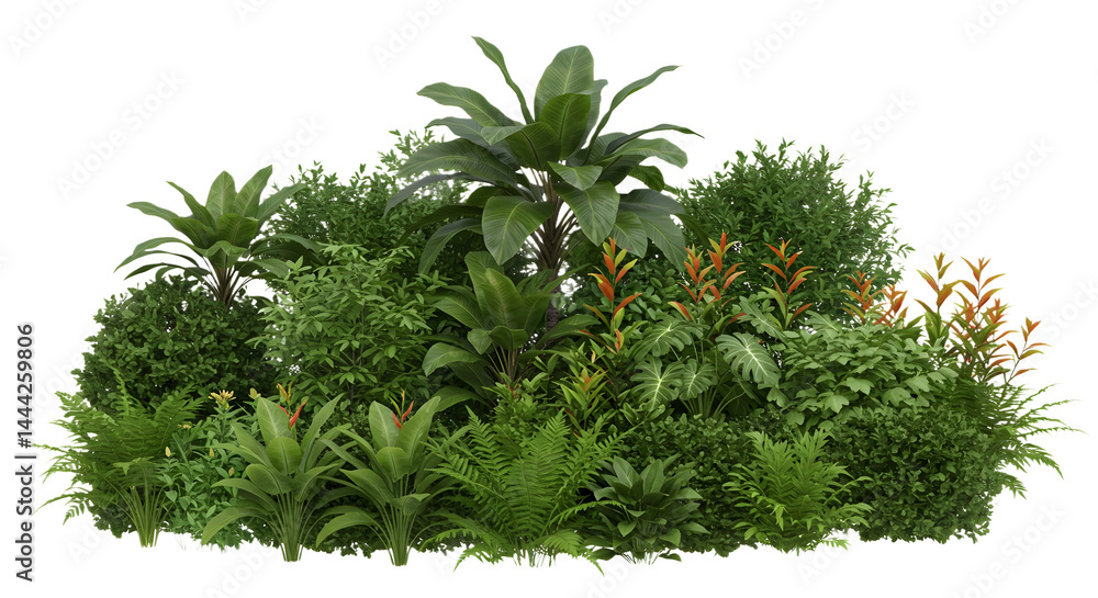 Fototapeta premium Lush Tropical Plant Arrangement with Green Foliage and Colorful Blooms