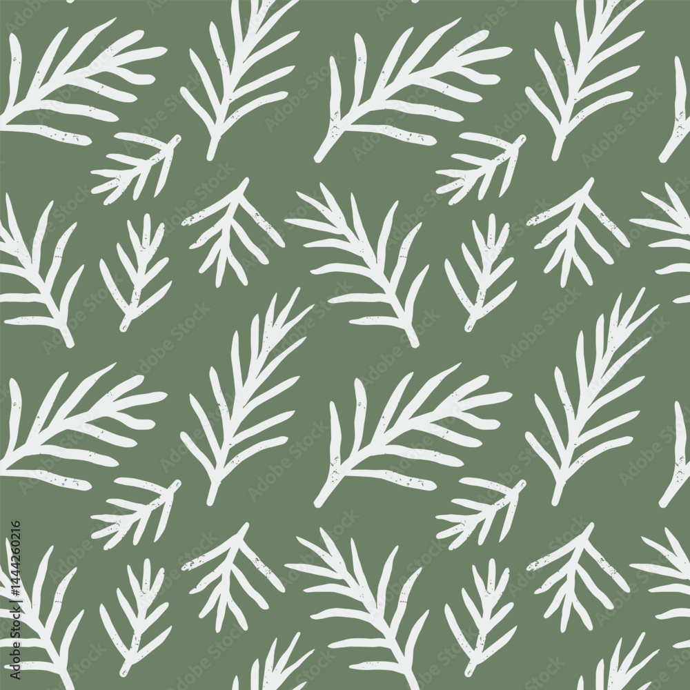 A seamless pattern of tropical pine-like leaves drawn in white linear style over a soft green background. Perfect for summer-themed design and fabric prints. A seamless pattern of tropical pine-like leaves drawn in white linear style over a soft green background. Perfect for summer-themed design and fabric prints.