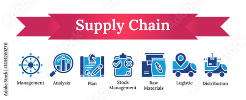 Supply chain glyph blue fill dual tone - management, analysis, plan, stock management, raw materials, logistic, distribution vector icon sheet collection glyph dual tone blue fill