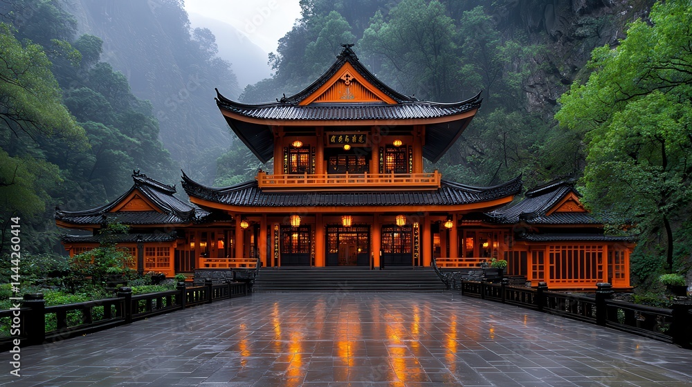 Obraz premium Orange Asian Temple in the Rain with Lush Green Surroundings