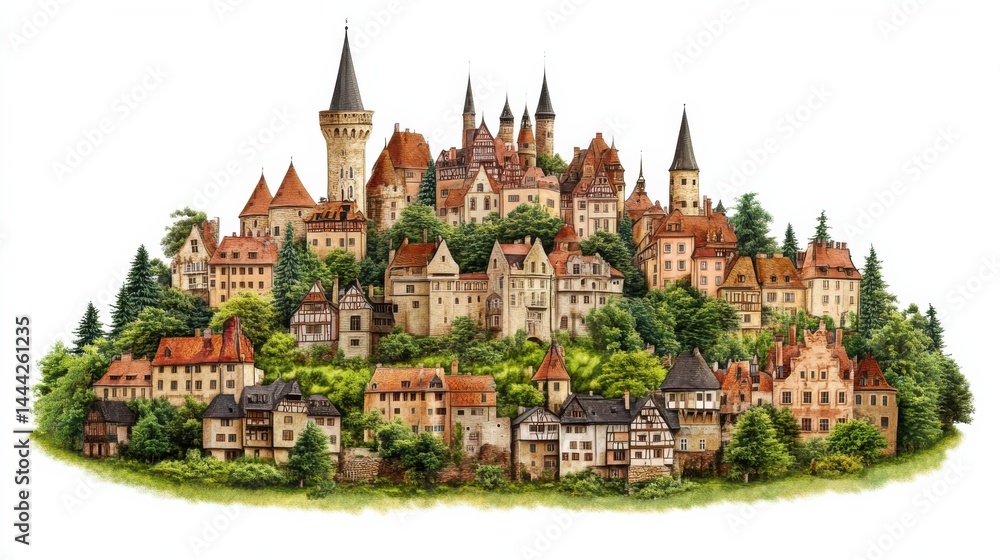 Obraz premium Enchanted Fantasy Castle Landscape with Towering Spires and Lush Greenery in Bright Colors