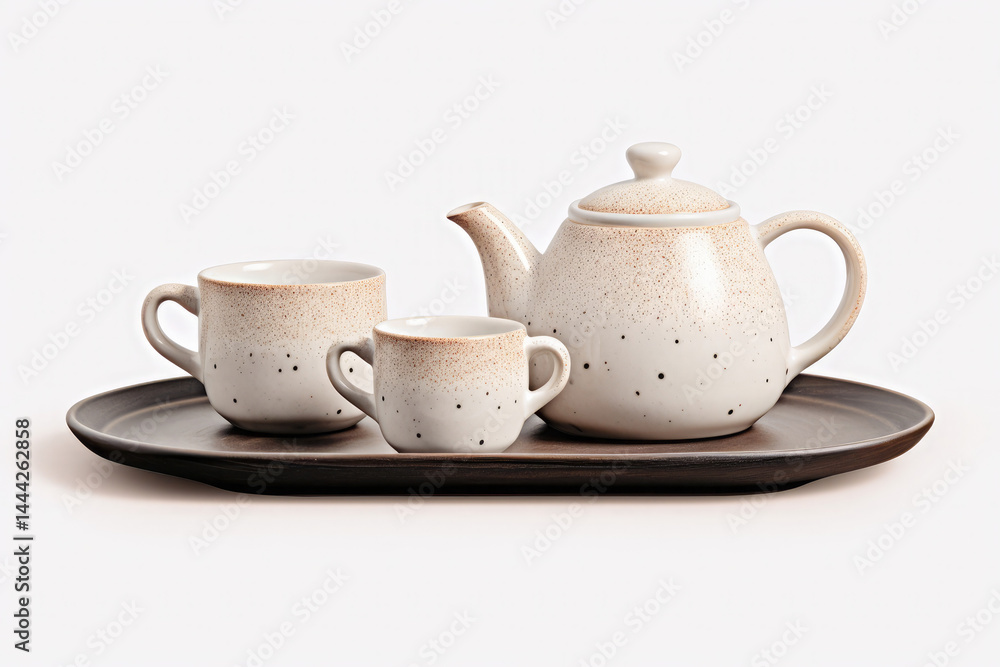 Elegant Ceramic Teapot and Cups in Pastel and Black Speckled Design Elegant Ceramic Teapot and Cups in Pastel and Black Speckled Design