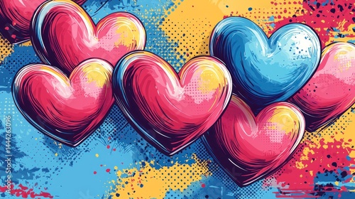 Vibrant Valentine’s Day Heart Design in Comic Style with Colorful Frame and Artistic Background