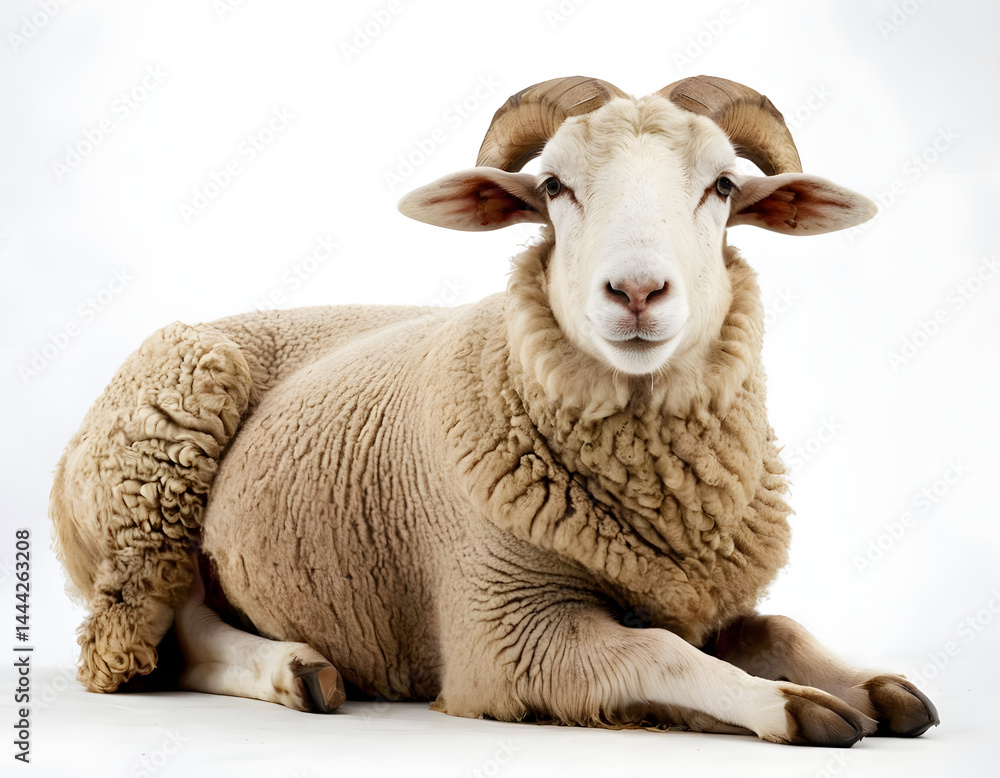 Fototapeta premium Portrait full body shot of a sheep or ram sitting in front of a white background. Eid al-Adha is a sacrifice animal in Muslim belief. A beautiful sheep on white.