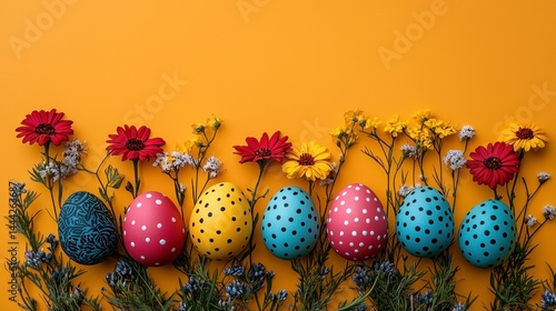 Bright Floral Arrangement with Colorful Easter Eggs on Vibrant Yellow Background