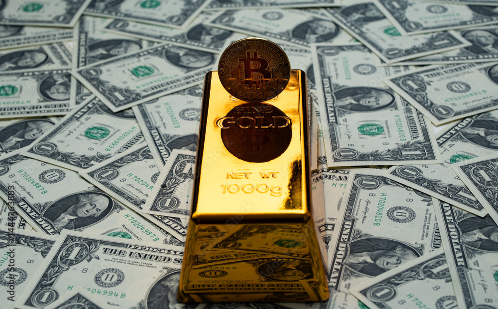 Money dollars, gold bar, bitcoin. Saving finance in gold bar, currency or bitcoin. Dollars vs gold bar vs bitcoin. Saving money background. Banknotes, gold bar and bitcoin for savings. Digital money.