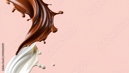 Dripping melted chocolate waves with milk on pink background with copy space. Abstract splash and drips of liquid hot choco cream. Autumn hot warming drink. Food illustration for cafe banner, card