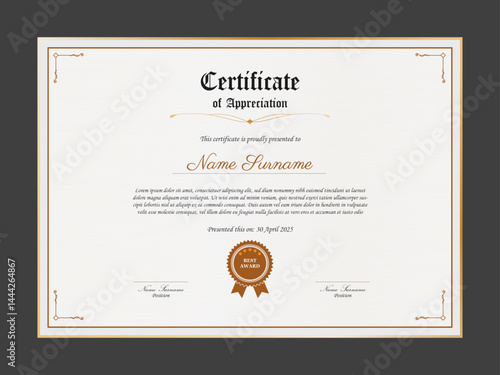 Retro certificate of appreciation template. Multipurpose certificate design with vintage ornament.