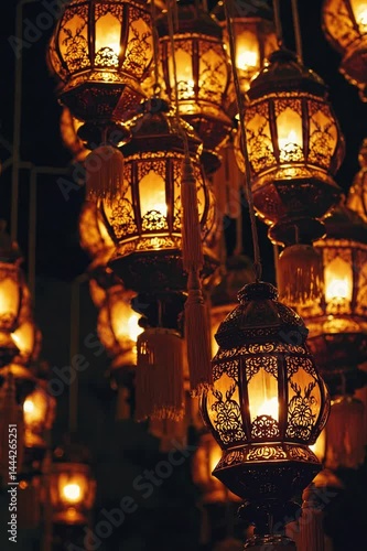 A collection of ornate lanterns glowing warmly. The intricate designs are highlighted by flickering light. Traditional lanterns are often used in cultural celebrations.