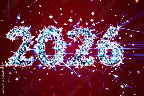 Wallpaper Mural A vibrant depiction of the year 2026 represented in luminous blue lights. The numbers are surrounded by sparkling elements on a dark red background. It conveys a festive atmosphere. Torontodigital.ca