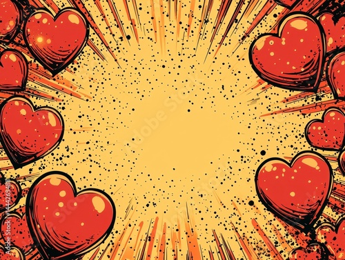 Vibrant Comic Style Background with Red Hearts and Blank Space for Text or Design Elements in a Colorful Frame