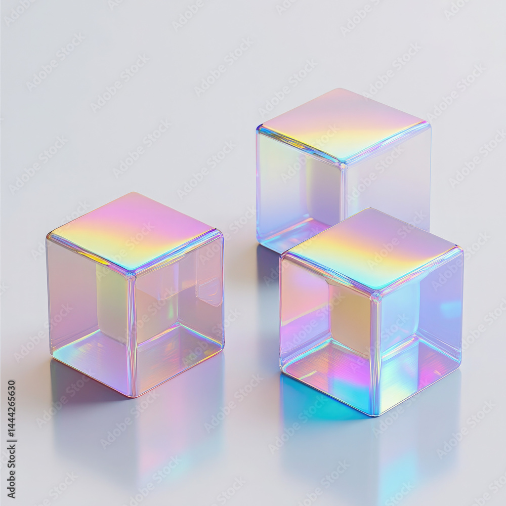 Three Iridescent Glass Cubes Placed on a Glossy Reflective Surface
Three Iridescent Glass Cubes Placed on a Glossy Reflective Surface