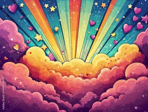 Colorful Comic Style Illustration of Explosive Background with Stars and Hearts in Bright Vibrant Shades