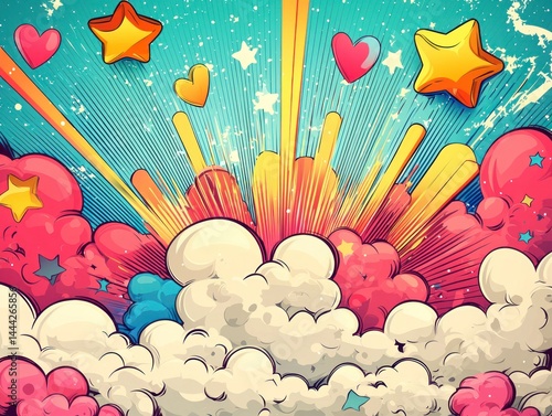 Colorful Comic Style Explosion with Stars and Hearts in a Vibrant Background
