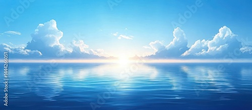 Calm ocean sunrise, fluffy clouds, website banner