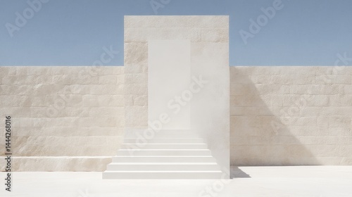 Minimalist stone staircase leading to an open doorway under a clear blue sky in bright daylight.