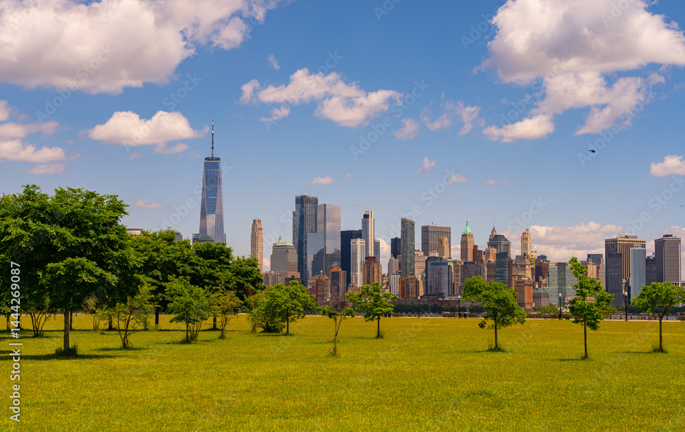 New York City on sky clouds. NYC cityscape with skyscrapers. Panoramic of New York City skyline. Manhattan skyline. New York and Hudson River. Downtown NYC. New York skyscrapers.